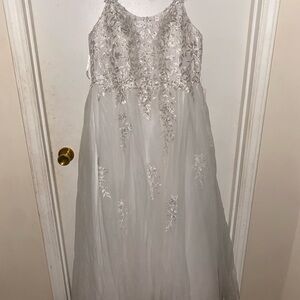 David's Bridal White and Silver Tiered Halter Gown